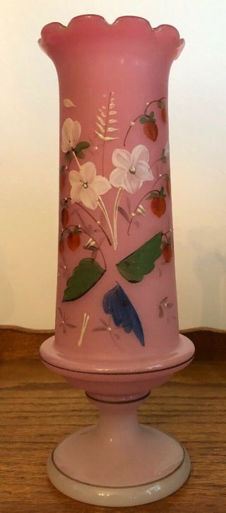 Antique Victorian Era 1800’s Bristol Glass 9.  5” H Vase Pink Hand Painted Flowers