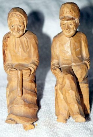Andre Bourgault Hand Carved Wood Man Woman On Rocking Chairs 4.  5 " Long