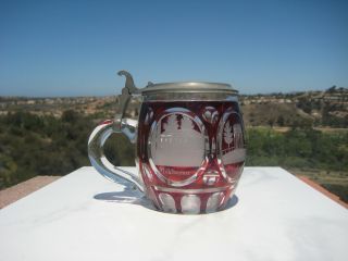 Antique Bohemian Ruby Red Glass Lidded Stein Germany 0.  5l C.  1895