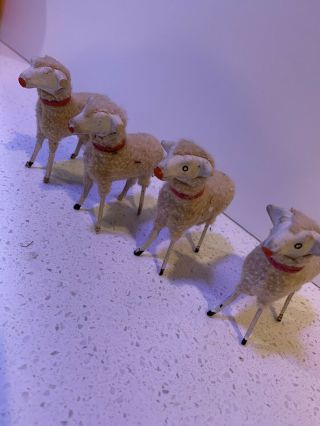 4 Antique German Putz Sheep With Wood Legs,  Compo Heads