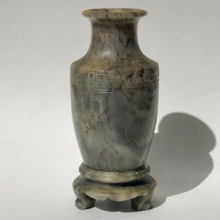 Antique Chinese Carved Green Soapstone Vase Greek Key Pattern Signed Base