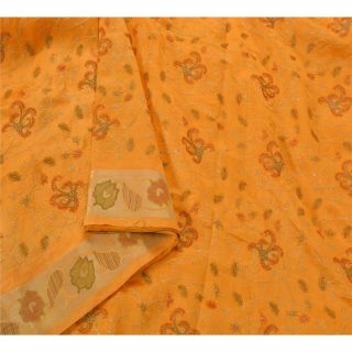 Tcw Vintage Saree 100 Pure Silk Embroidered Orange 5 Yd Fabric Craft Sari