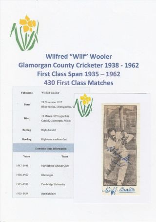 Wilf Wooler Glamorgan Cricketer 1938 - 1962 Rare Orig Autograph Newspaper Cutting