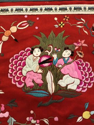 Antique Chinese Hand Embroidered Red Silk Panel Figures Sitting In Flower