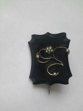 Antique Victorian French Jet Black Glass Flower Hair Mourning Brooch