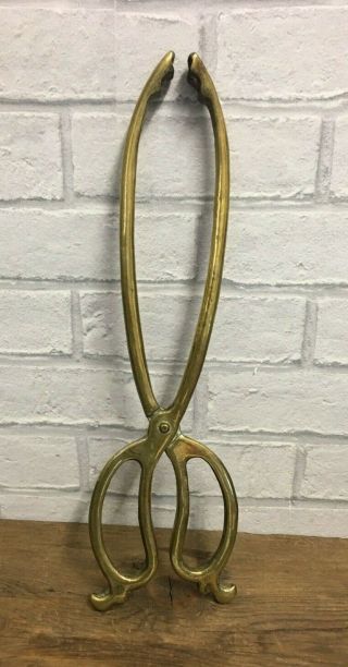Large Antique Arts & Crafts Brass Fire Log Tongs