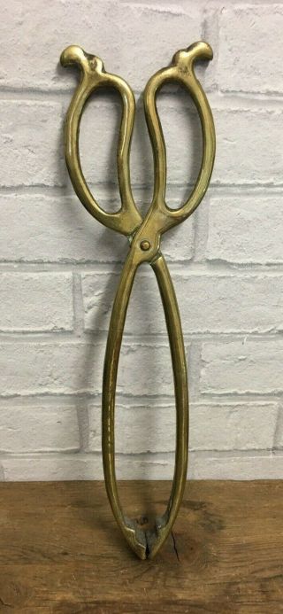 LARGE ANTIQUE ARTS & CRAFTS BRASS FIRE LOG TONGS 2