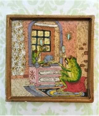 Unique Vintage Robert Weiss Framed Art Wood & Glass Frog W/ Mirror Serigraph