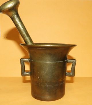 Antique Solid Brass Mortar & Pestle Heavy Old & Rare