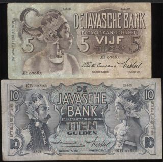 Netherland Indies 2 Notes,  5 - 10 Guilden 1939 Issue Rare To Find