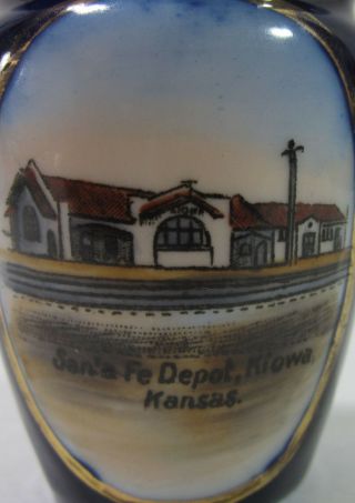 Antique Santa Fe Railroad Depot Kiowa Ks Souvenir Vase Hand Painted C.  1910