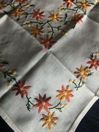 Vintage Floral Hand Embroidered Small Square Cream Irish Linen Tablecloth