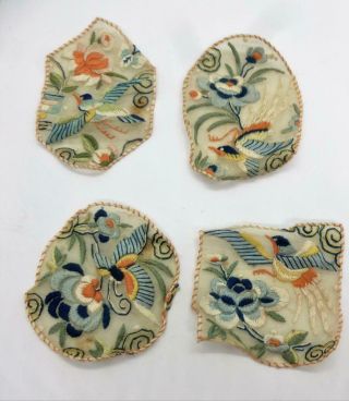 4 Chinese Silk Embroidery Robe Panels Patches Butterfly Birds Qing Dynasty C1910