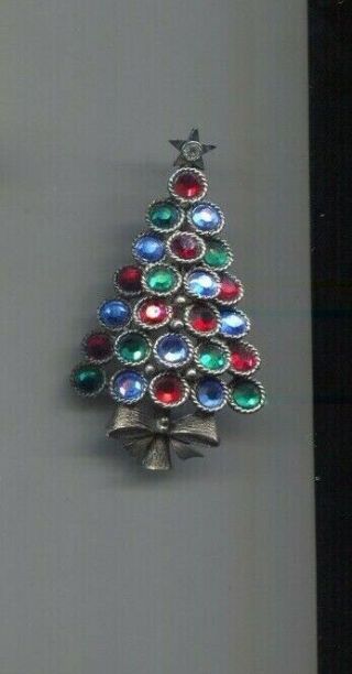Vendome Rare Blue Red Green Christmas Tree Pin