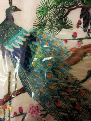 Stunning Hand Embroidered Silk Chinese Unframed Picture.  Peacocks