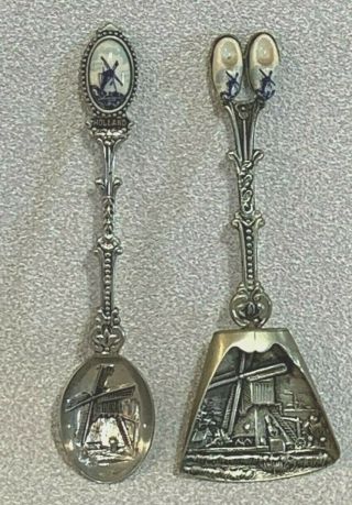Vintage Dutch Delft Shoes Spoons And Serving Spoon Embossed Windmills Holland