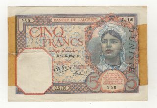 1941 Algerie Banque Tunisia Overprint Paper Money Five 5 Cinq Francs Note Rare