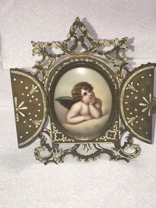 Exquisite Antique Angel Portrait Oil Painting On Porcelain With Metal Frame
