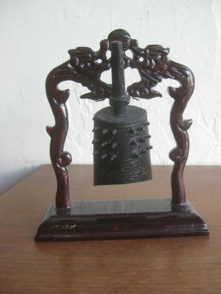 Fine Old Chinese Bronze Altar Shrine Bell Statue W/lacquer Dragon Wood Stand