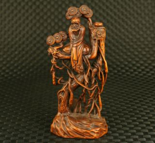 Unique Chinese Old Boxwood Hand Carving Pine Tree Bodhidharma Longevity Statue
