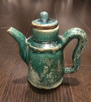Antique Chinese Green Ceramic / Pottery Teapot / Wine Pot Cruet W Wax Seal