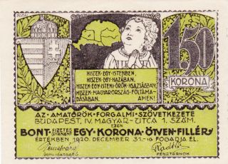 1,  50 Korona Aunc Banknote From Hungary/irredental Society Issue 1920 Rare