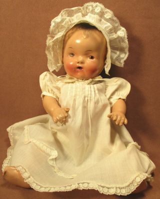 Vintage 12 " All Composition Baby Doll - In Cotton Dress & Bonnet