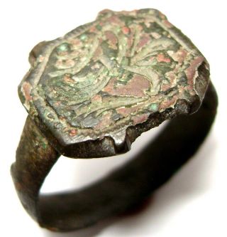 Ancient Very Rare Medieval Bronze Finfer Ring Seal With Sacred Bird On Bezel