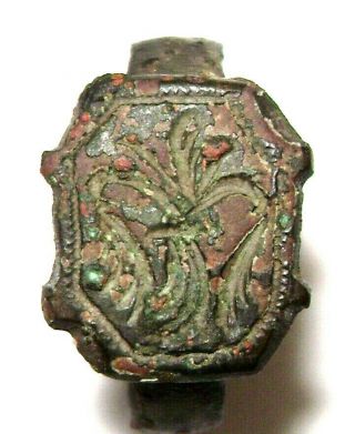 Ancient Very Rare Medieval bronze finfer ring seal with Sacred Bird on bezel 2