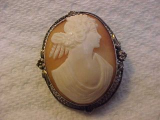 Antique Vintage Large 1 - 5/8 " Sterling Silver Shell Cameo Brooch Lovely Lady
