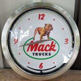 Mack Trucks Bulldog Logo 15 " Green Neon Clock Garage Man Cave Rare Font Vtg
