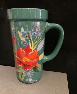 The Pioneer Woman Teal Floral Ceramic Travel Mug 14 Oz.  With Lid Rare