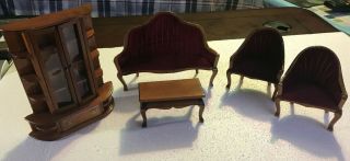 Vintage 5 Piece Dollhouse Furniture Living Room Victorian Red Velvet Wood 1:12