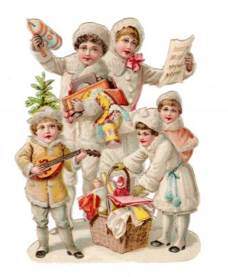 1880s Antique Christmas Die Cut Scrap Children Toys Tree Lute Basket - R Tuck