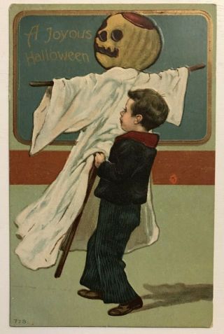Antique Halloween Postcard - Boy With Jack O 