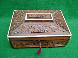 Antique Indian / Oriental Carved Sandalwood Fitted Marquetry Jewellery Work Box