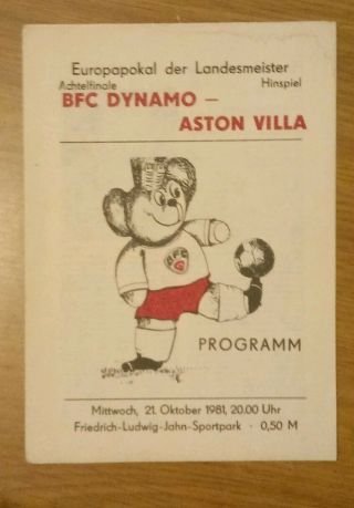 Rare Aston Villa Programmefbc Dynamo V Aston Villa European Cup Tie 21/10/1981