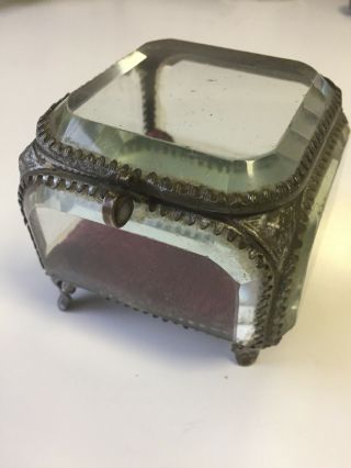 Antique French Brass Trinket/jewelry Box Beveled Glass End Of Xix Century