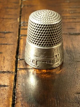 Antique Sterling Silver " Landscape Gray " Thimble By Simons Bros.  Circa 1890s