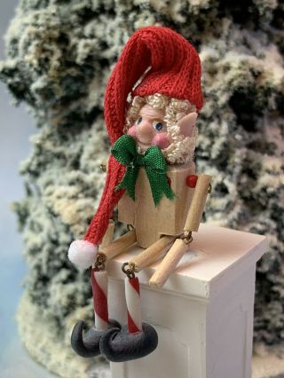 Vintage Miniature Dollhouse Holiday Winter Sculpted Clay Wood Elf Shelf Sitter
