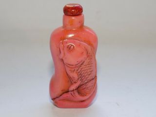 Antique Chinese Hand Carved Coral ? Snuff Bottle With Carved Carp Design