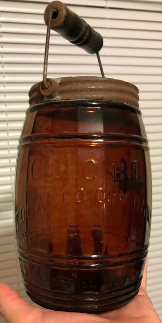 Antique Globe Tobacco Company Jar Detroit Patent 1882 Barrel Jar With Handle