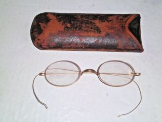 Antique Gold Rimless Wire Eyeglasses 1880s Leather Cover Cardboard Case Marked