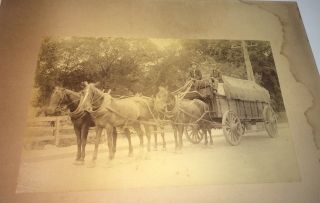 Rare Antique American Occupational Large Horse Wagon,  2 Dirty Men Cabinet Photo