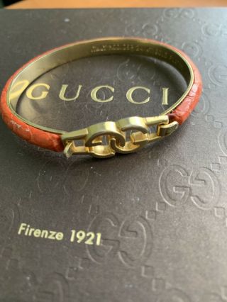 Rare Vintage Gucci Orange Snakeskin " Gg " Logo Bangle Bracelet 24kt Ygp Italy