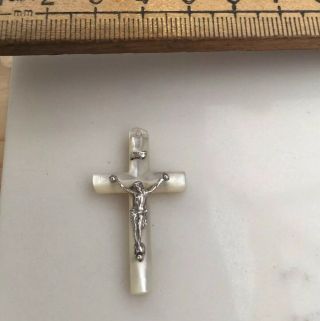 A Small Vintage / Antique Mother Of Pearl And Silver Crucifix Pendant