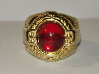 Large Chunky Gold Tone Ring With Red Cabochon Stone - Metal Detecting Find