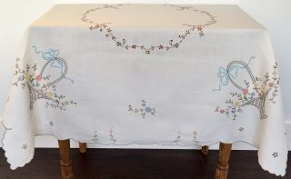 Vintage Hand Embroidered & Cutwork Madeira Tablecloth Baskets Flowers Ribbons
