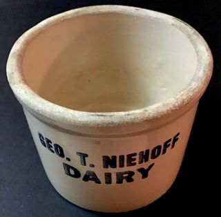 Vintage “geo.  T.  Niehoff Dairy” 4 1/2” X 6” Stoneware Crock