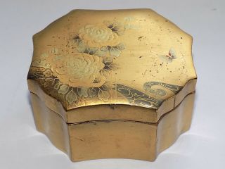 Pretty Antique Japanese Gilded Lacquer Ware Trinket Box Decorated Flowers Insect